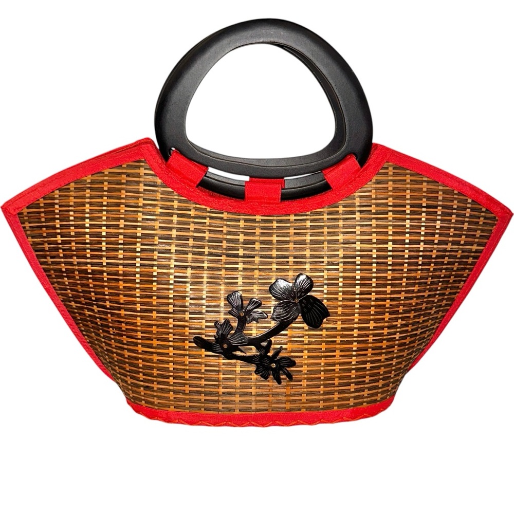 Mad by Design Woven Bamboo Tote Bag with Red Trim and Black Flower Accent